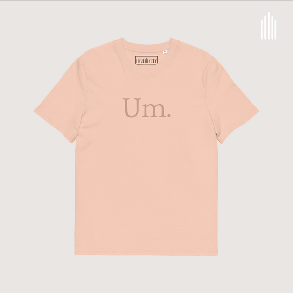 Um. Unisex organic cotton t-shirt, cotton pink, lavender, frache peach, & white