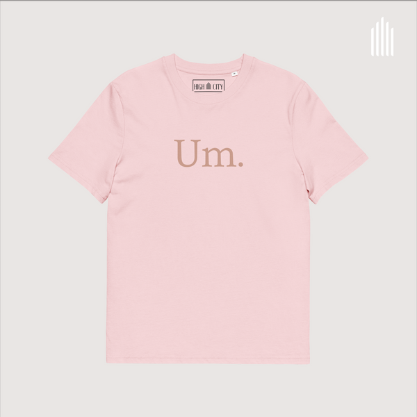 Um. Unisex organic cotton t-shirt, cotton pink, lavender, frache peach, & white