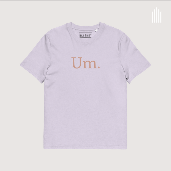 Um. Unisex organic cotton t-shirt, cotton pink, lavender, frache peach, & white