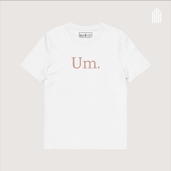 Um. Unisex organic cotton t-shirt, cotton pink, lavender, frache peach, & white